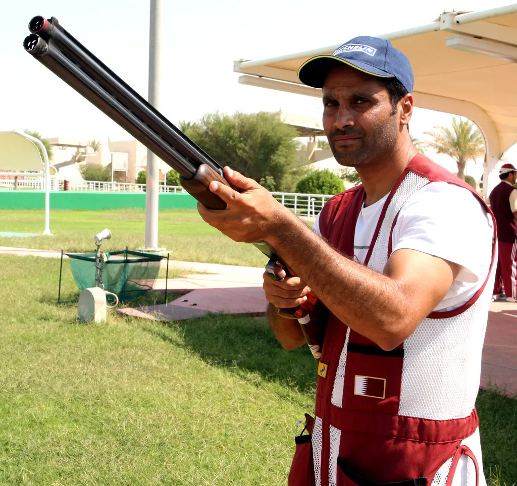Nasser Al-Attiyah skeet shooting in Qatari team kit, photographed in 2011.