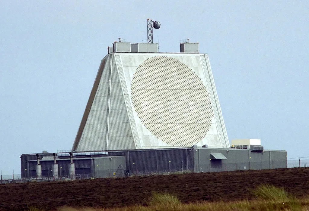 The solid-state phased-array radar building at RAF Fylingdales, North Yorkshire — a UK military ground station that forms part of Britain's space surveillance network.