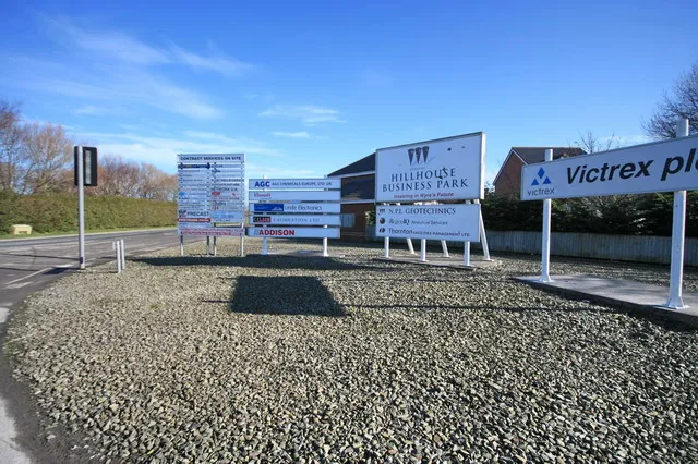 Entrance signs for Hillhouse Business Park in Thornton-Cleveleys, Lancashire, home of the AGC Chemicals factory