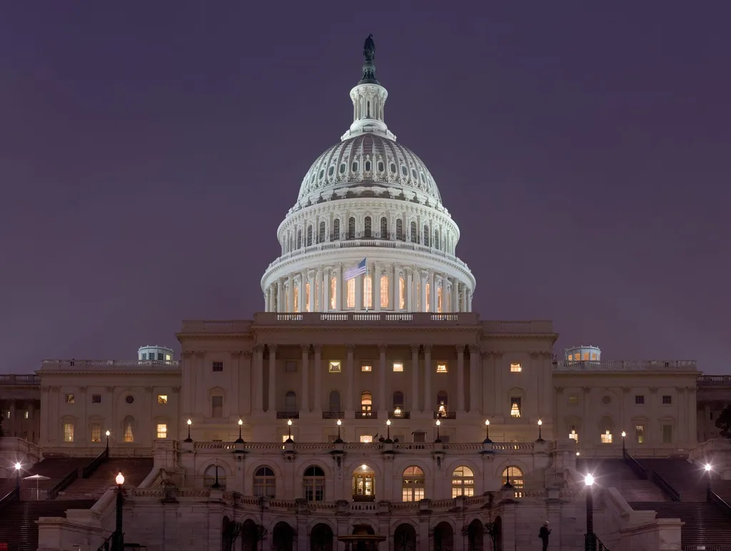 The dome of the US Capitol in Washington DC, illuminated at night