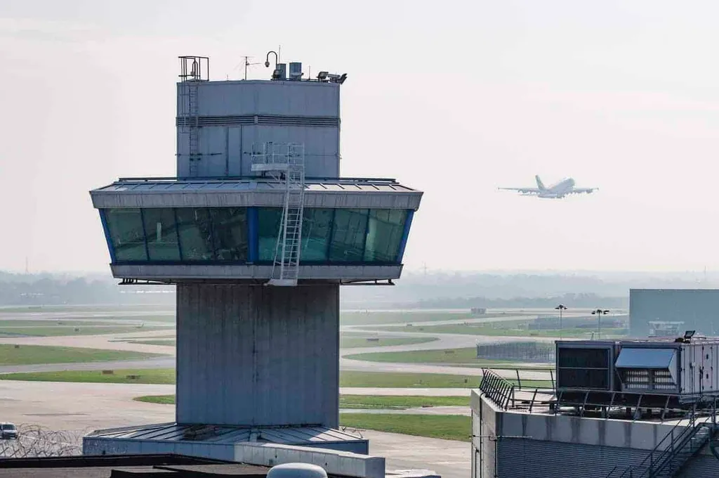An air traffic control tower overlooking a runway, with a commercial aircraft on approach in the distance.