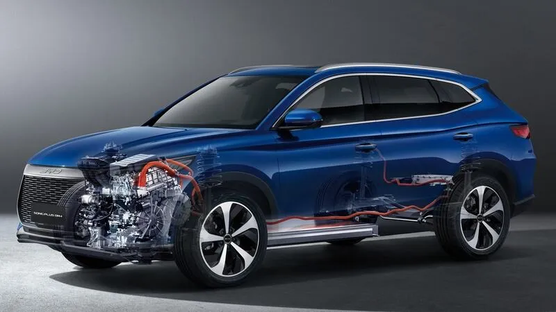 A blue BYD Song Plus hybrid SUV shown in a cutaway promotional image.