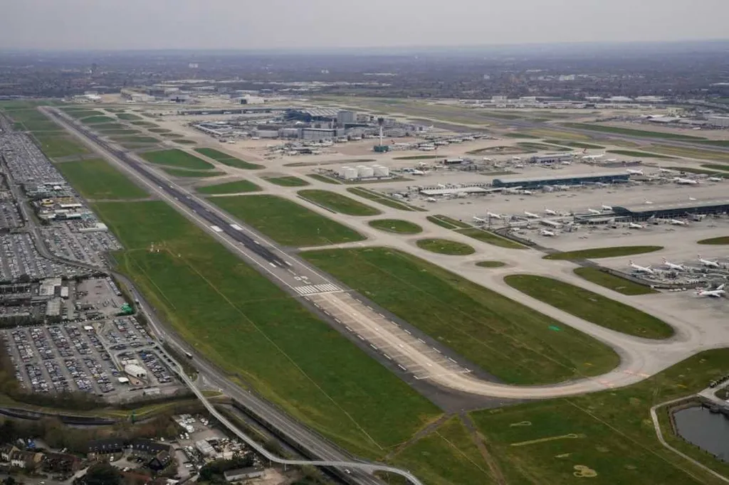 Aerial view of Heathrow Airport showing its two runways, terminals and parked aircraft.