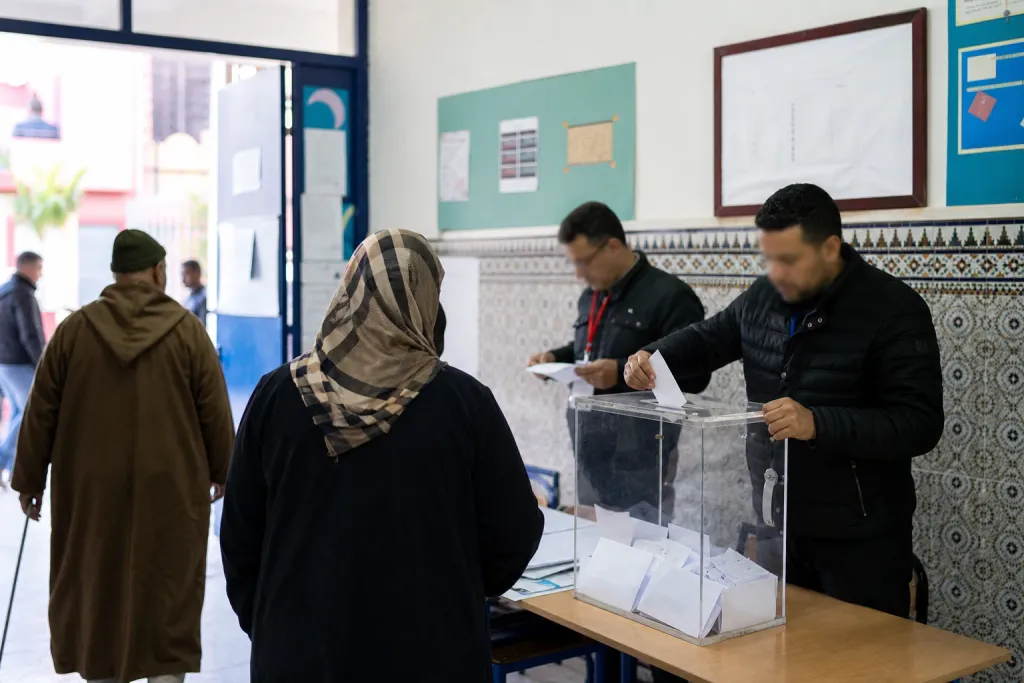 Voters casting ballots at a polling station in Rabat during Morocco's parliamentary election