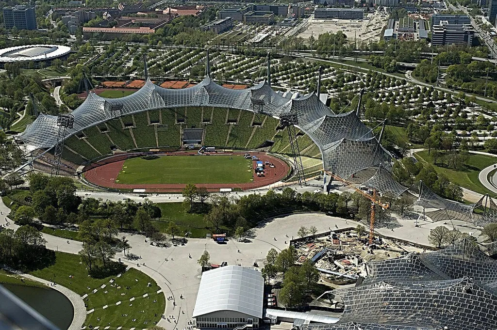 Aerial view of Munich's Olympiastadion with its distinctive tent roof