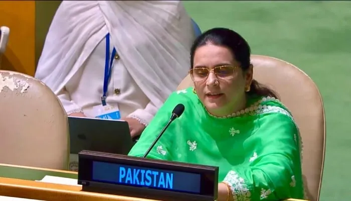 Counsellor Saima Saleem of Pakistan's Mission to the UN speaks at the General Assembly podium during the 81st UNGA general debate in New York, with the Pakistan nameplate visible, 26 September 2026.
