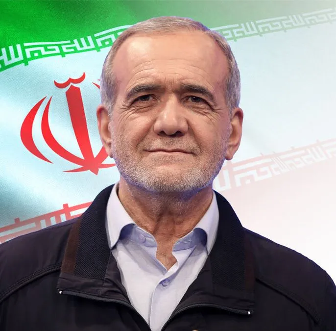 Iranian President Masoud Pezeshkian pictured against an Iranian flag backdrop