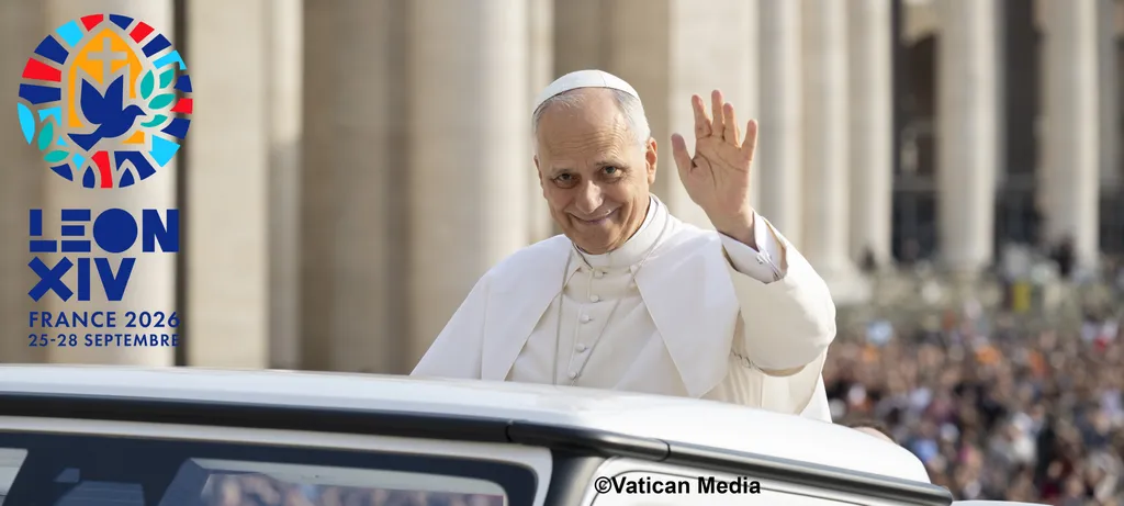 Pope Leo XIV waving from the popemobile to crowds during his France visit, September 2026