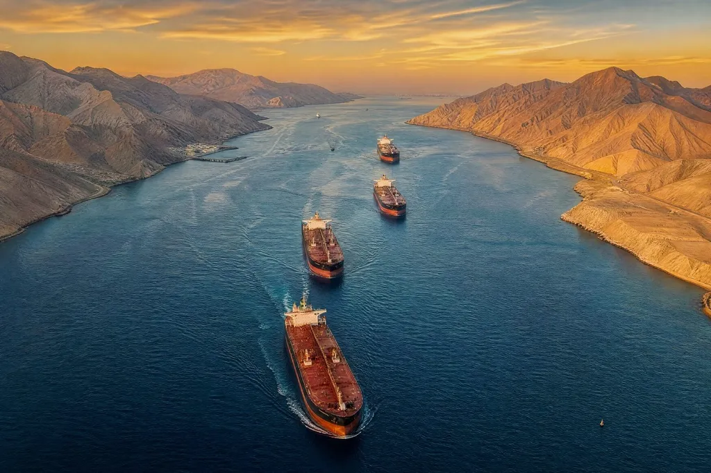 Aerial view of oil tankers transiting a strait between rugged mountains at sunset.