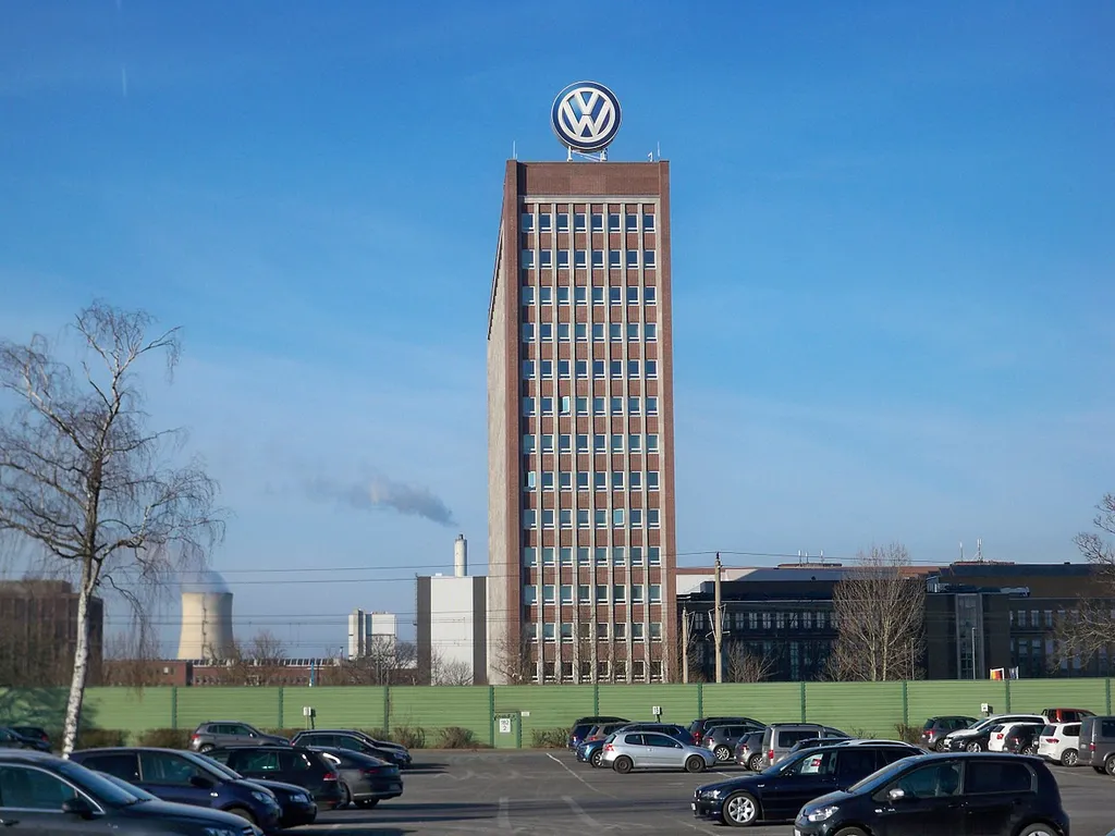 Volkswagen's Brand Tower with the VW logo at the company's Wolfsburg plant in Germany