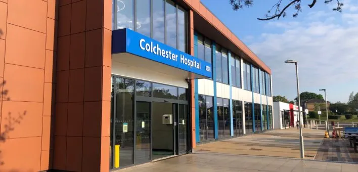 The entrance of Colchester Hospital, part of East Suffolk and North Essex NHS Foundation Trust