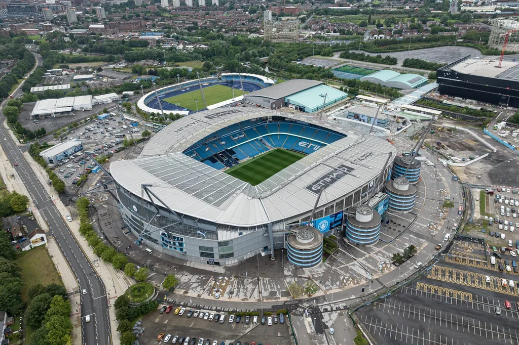Aerial view of Manchester City's Etihad Stadium in Manchester.