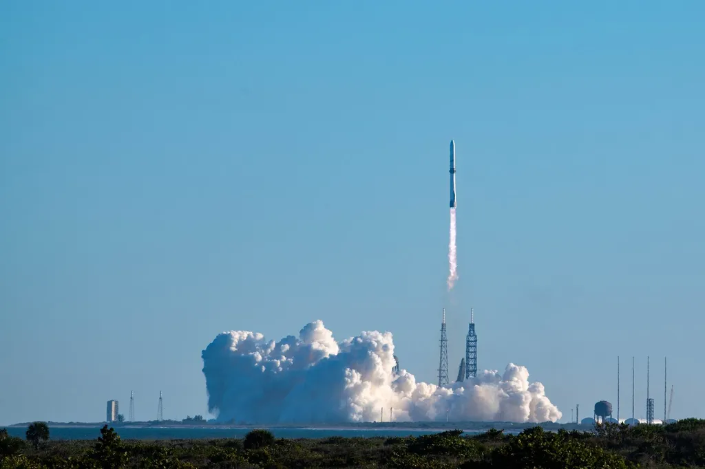 Blue Origin's New Glenn rocket climbing above Launch Complex 36 at Cape Canaveral Space Force Station during a launch in November 2025.