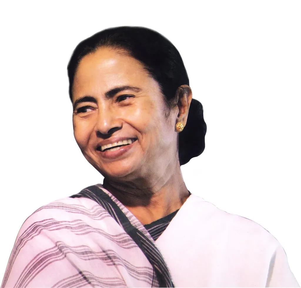 Official portrait of West Bengal chief minister Mamata Banerjee, wearing a white sari with blue stripes
