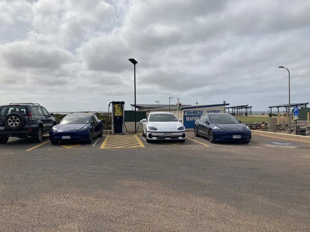 Electric cars charging at an RAA charging station in Cowell, South Australia