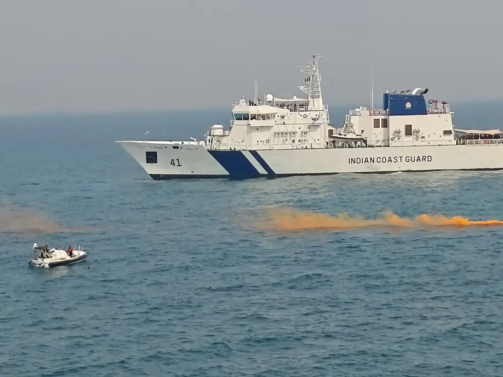 An Indian Coast Guard patrol vessel (pennant number 41) at sea, with the words INDIAN COAST GUARD on the hull
