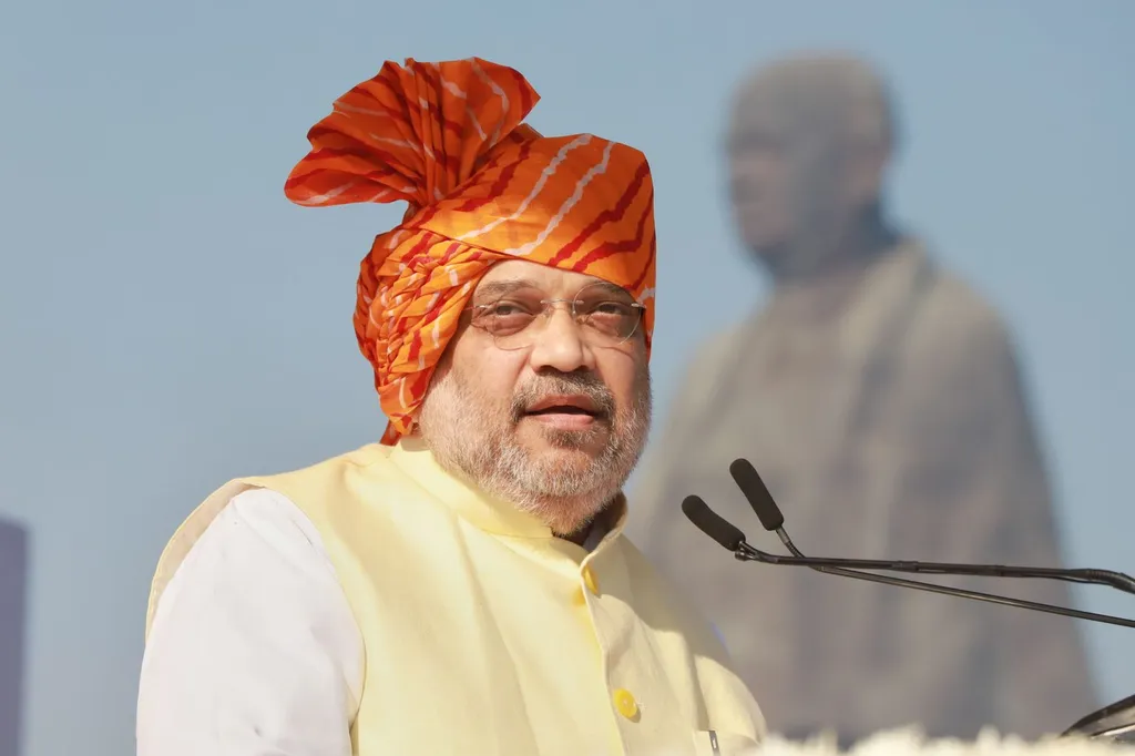 Union Home Minister Amit Shah speaking at a podium, wearing an orange pagri.