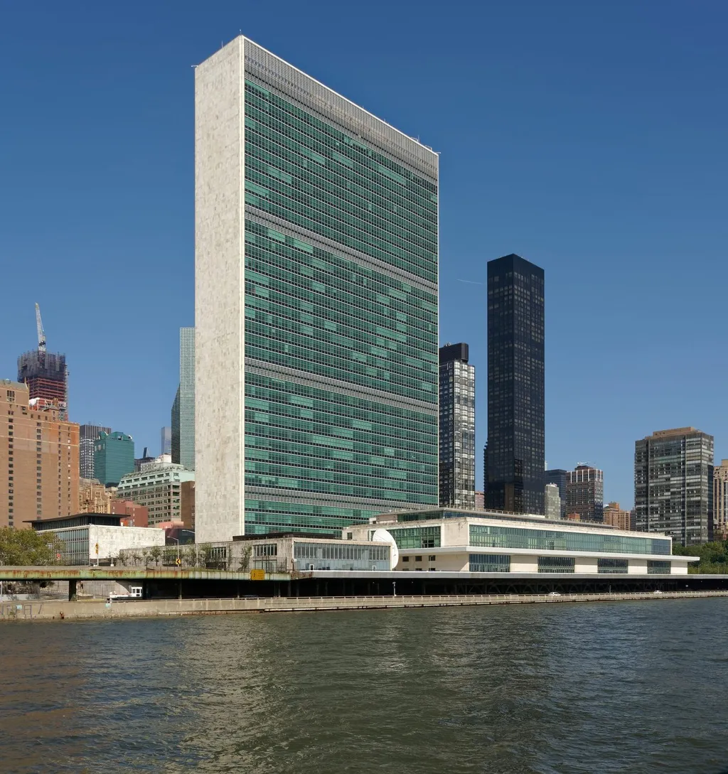 The United Nations Secretariat building and headquarters complex in New York, on the East River
