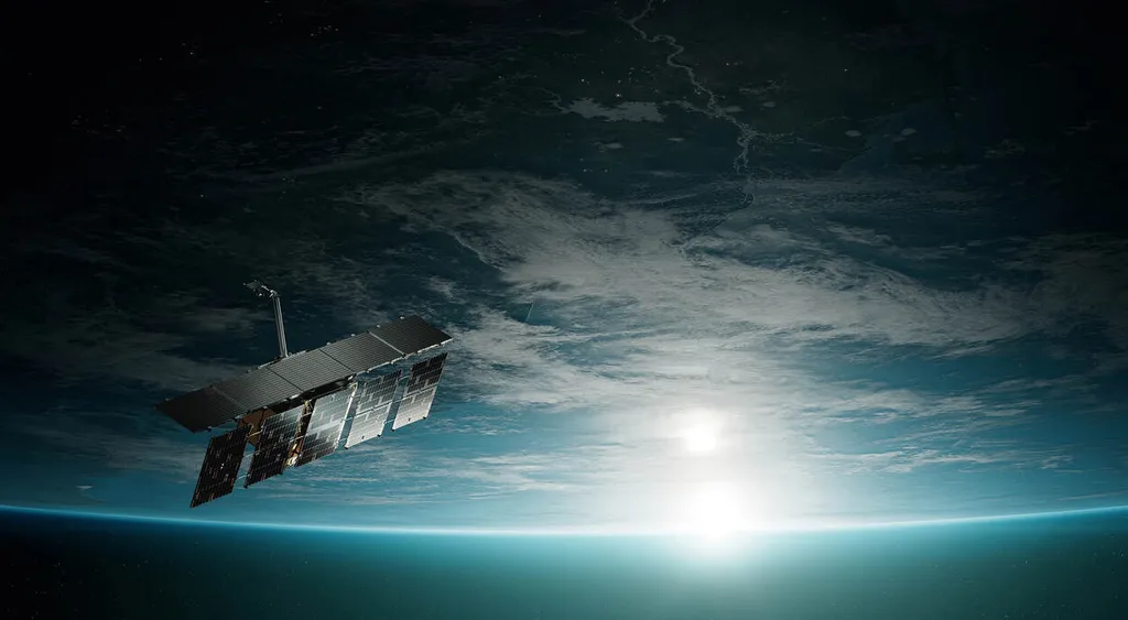 Render of an ICEYE SAR satellite in low Earth orbit above Earth