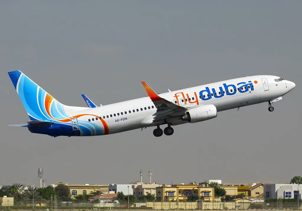 A flydubai Boeing 737-800 airliner in flydubai livery taking off