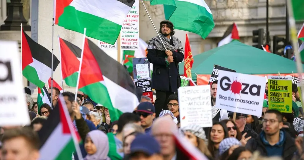 Pro-Palestine marchers carrying Palestinian flags and placards in London