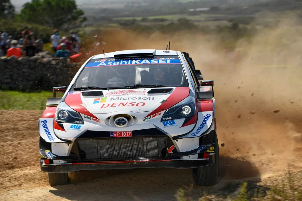 Elfyn Evans's Toyota rally car kicking up dust on a WRC stage