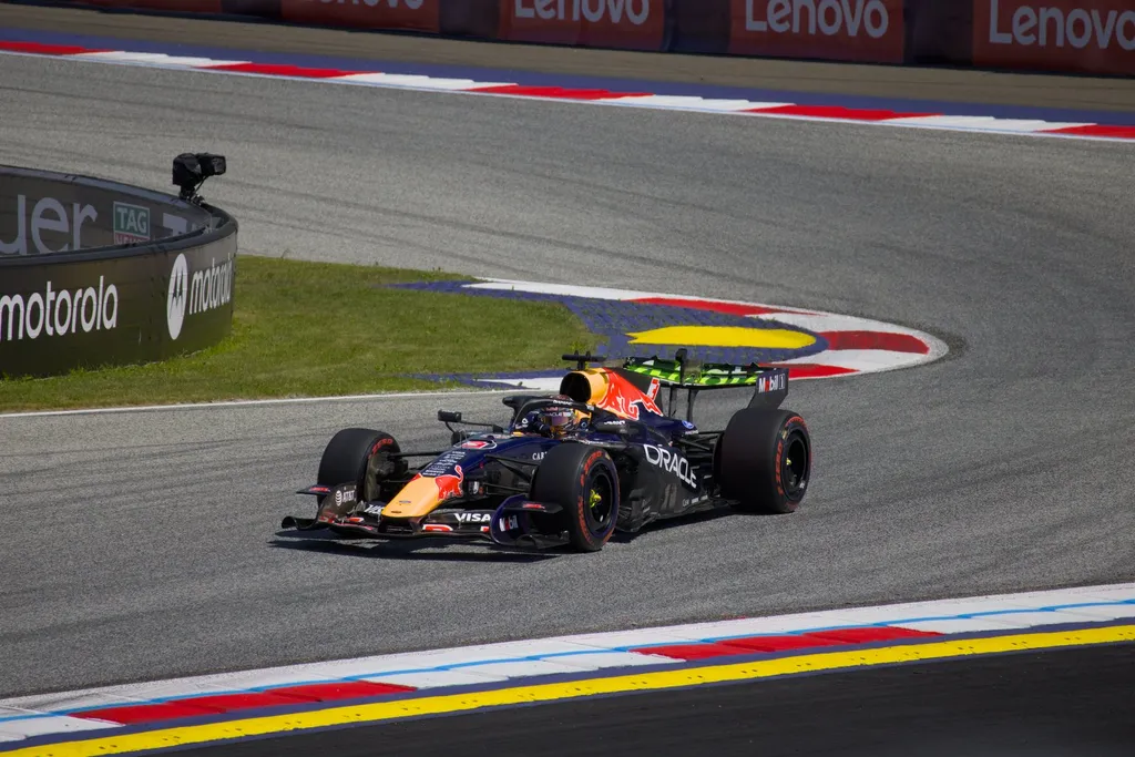 Max Verstappen's Red Bull Formula 1 car racing at the 2026 Austrian Grand Prix