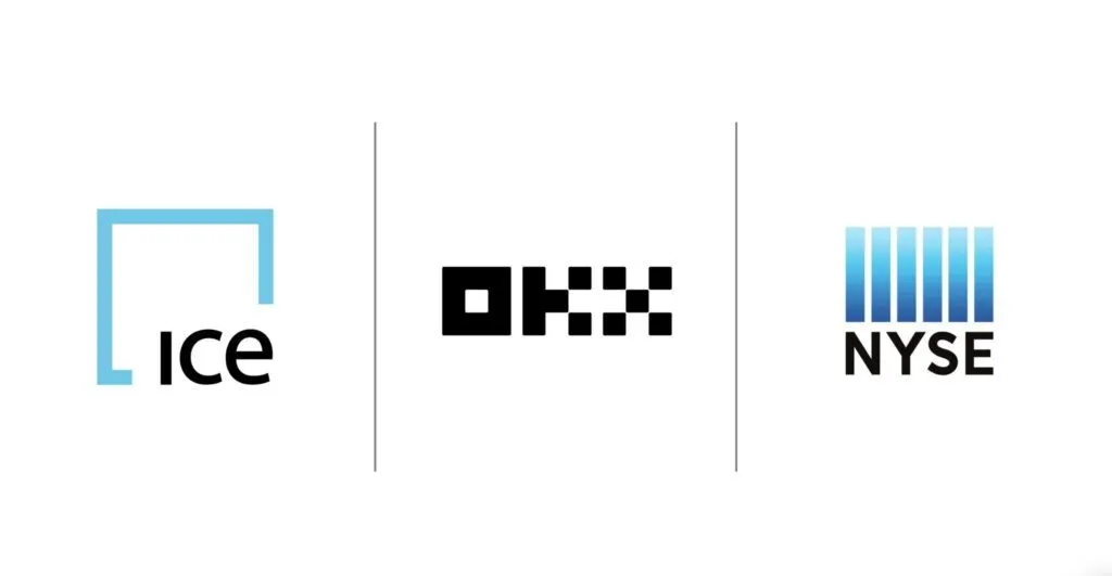 Logos of ICE, OKX and NYSE representing the joint venture for 24/7 tokenized US stock trading
