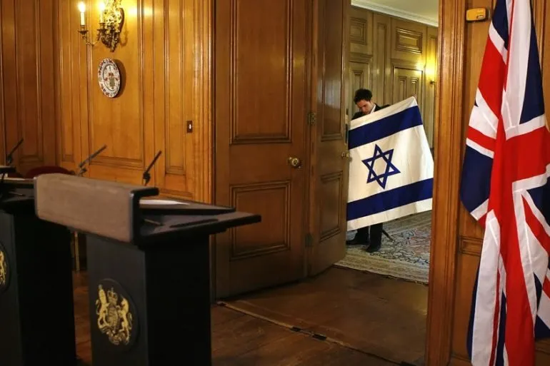 An Israeli flag in a UK government press room in London