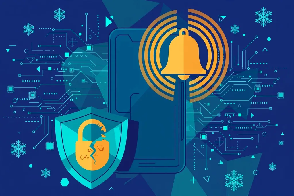 Editorial illustration of a smartphone alert bell with a cracked padlock and shield on a cyber-blue background with snowflake motifs
