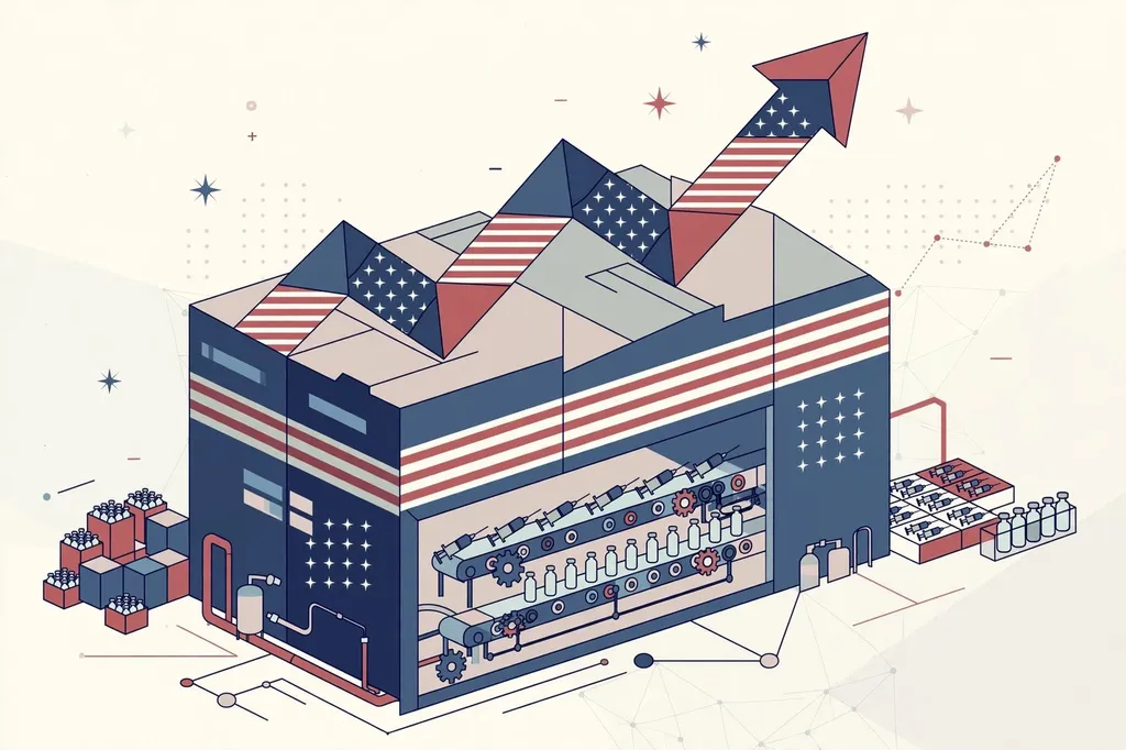 Editorial illustration of a US medical-device factory with syringe and vial production lines and a rising investment arrow
