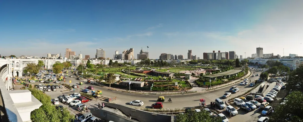 Panoramic daytime view of Rajiv Chowk in central New Delhi