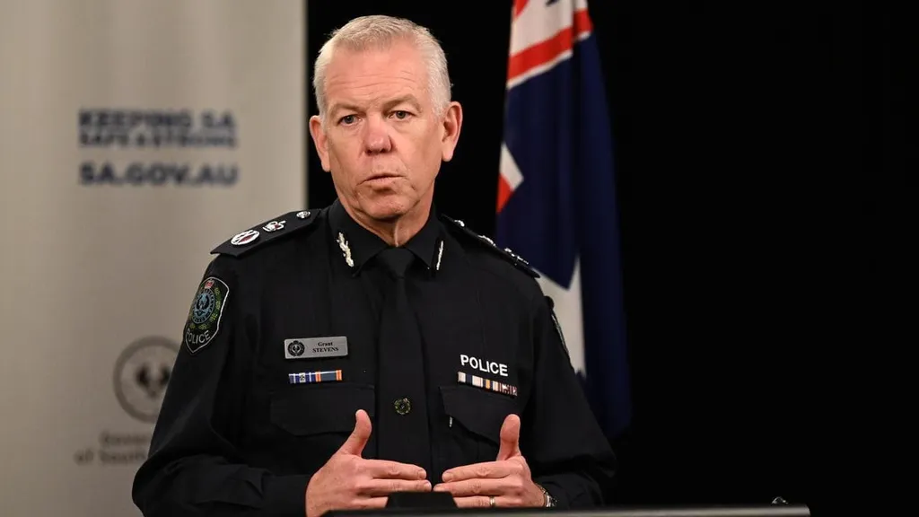SA Police Commissioner Grant Stevens speaking at a press conference