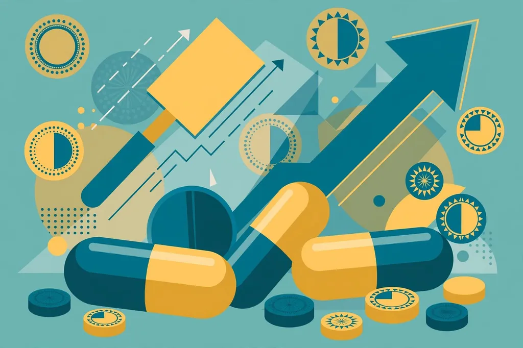 Editorial illustration of oversized pharmaceutical capsules with an auction bid paddle and rising arrow among euro-style coins