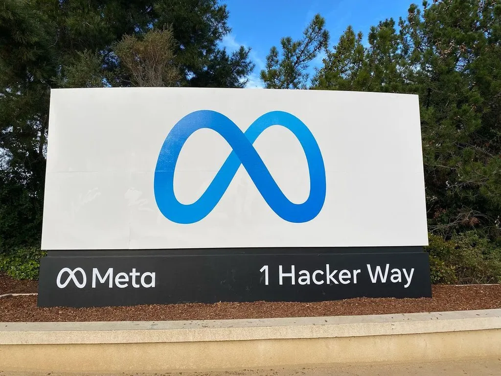 Entrance sign at Meta's headquarters complex in Menlo Park, California, with the Meta logo and "1 Hacker Way"