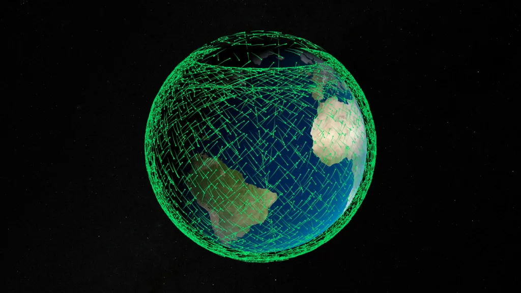 Sixty Starlink satellites stacked in a flat pack in low Earth orbit above the planet, photographed by SpaceX during the first Starlink mission in May 2019.