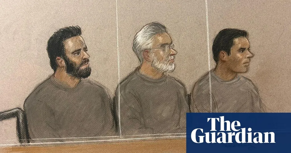 Courtroom sketch of the three defendants in the dock at Woolwich Crown Court in the London spy trial