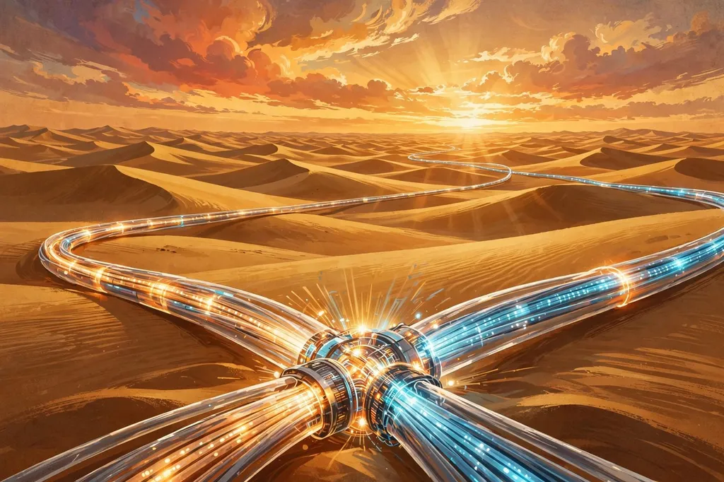 Illustration: glowing fibre-optic cables meeting at a junction across Saharan desert dunes