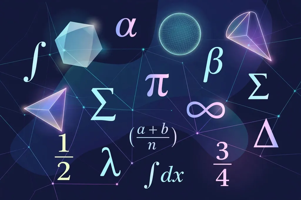 Abstract illustration of mathematical symbols and geometric shapes floating above a dark background, representing AI-generated mathematics