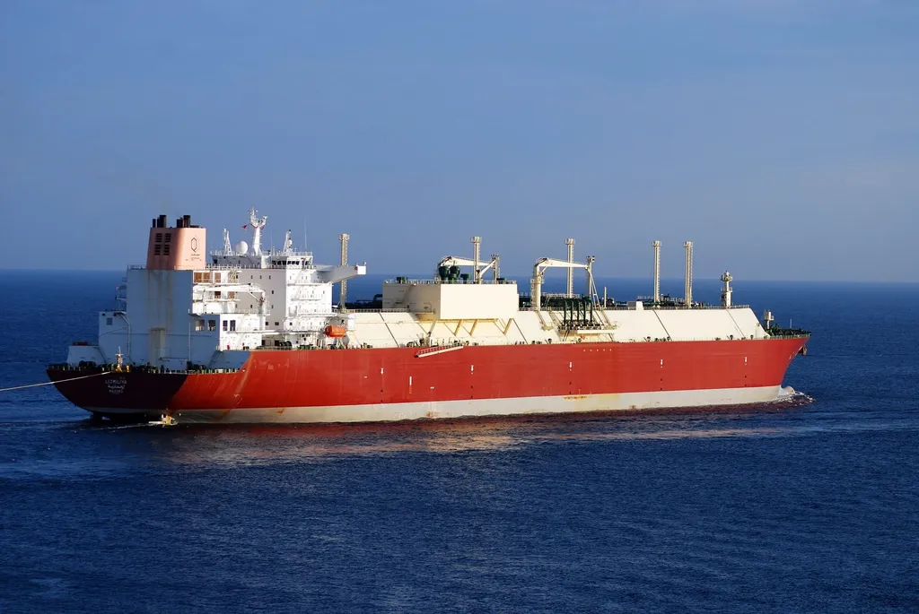 The red-hulled Qatari LNG carrier Lijmiliya at sea, with white cargo tanks and a QatarGas-branded funnel.