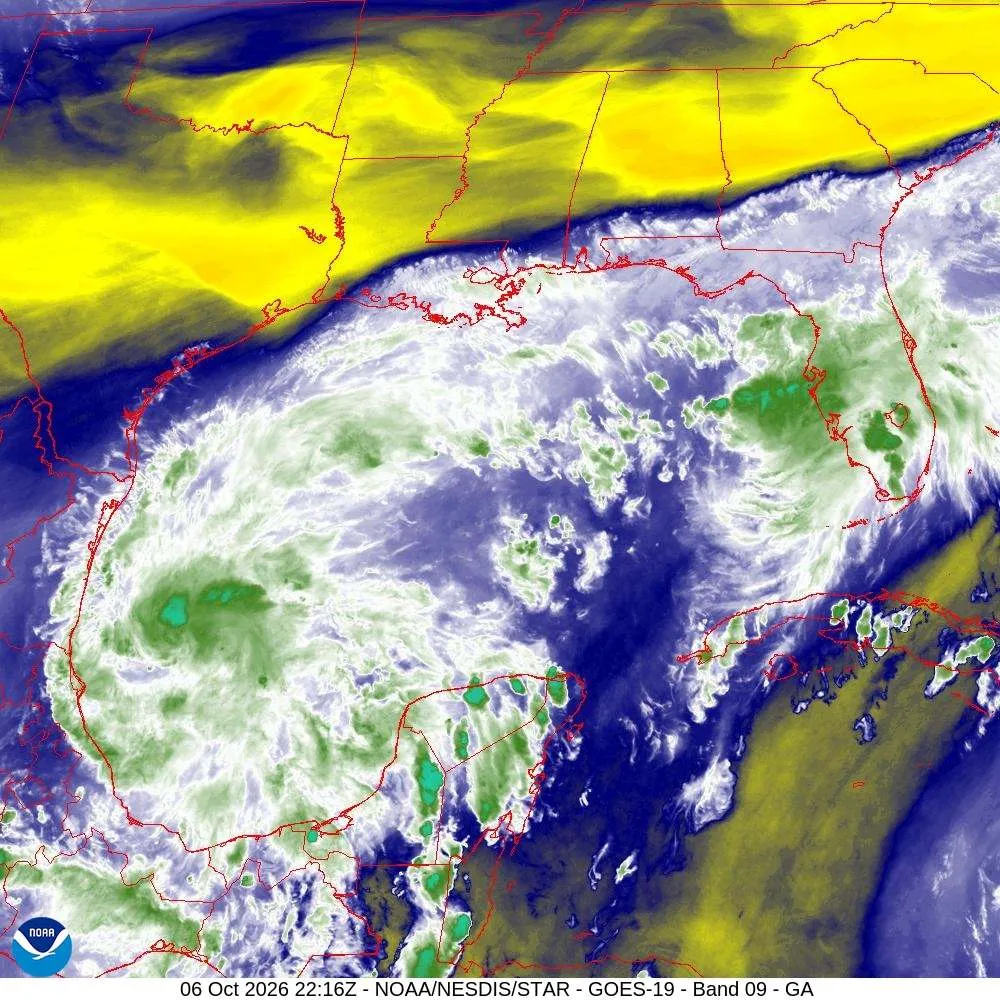 GOES-19 satellite image showing Tropical Depression Nine churning over the southwestern Gulf of Mexico on 6 October 2026