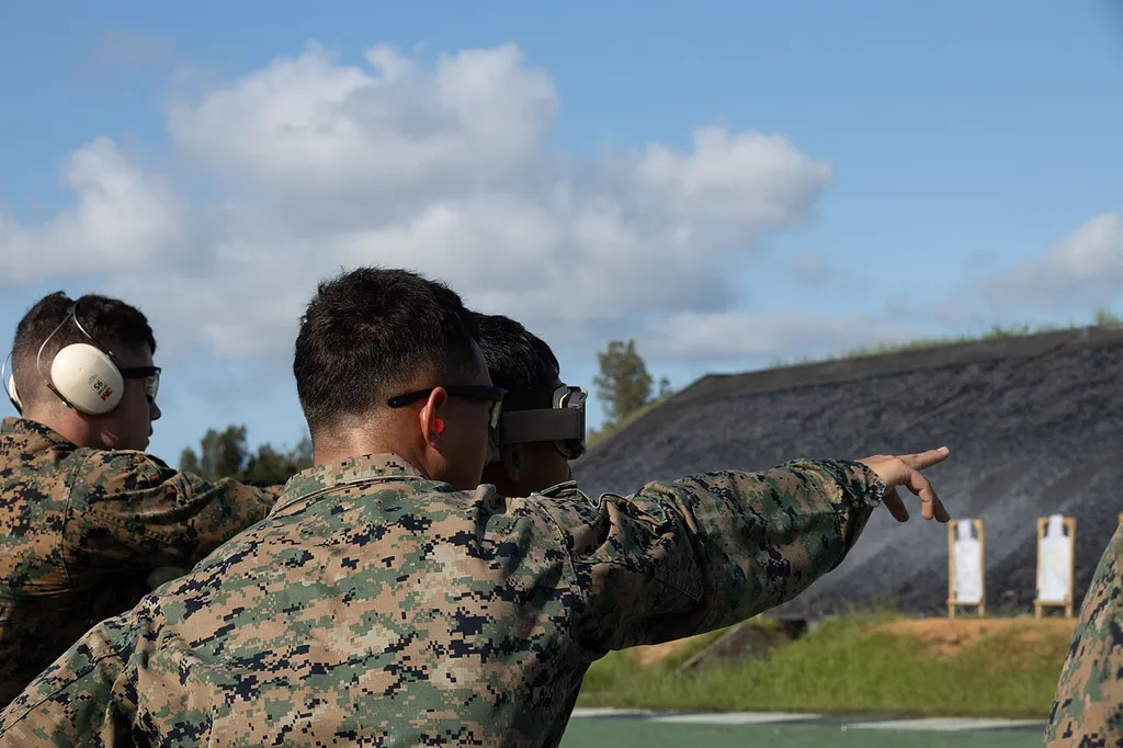 U.S. Marines take part in a live-fire pistol class at Camp Hansen, Okinawa, Japan.