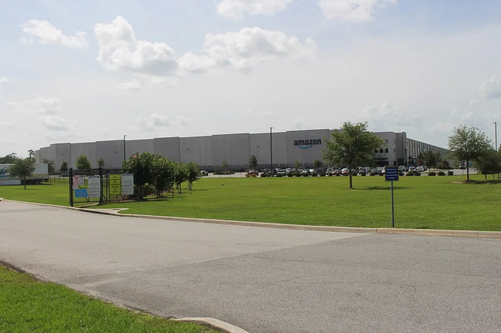 An Amazon fulfillment center in Ocala, Florida, photographed on a clear day: a large grey warehouse building bearing the Amazon logo and smile arrow, with a car park, green lawn and trees in the foreground.