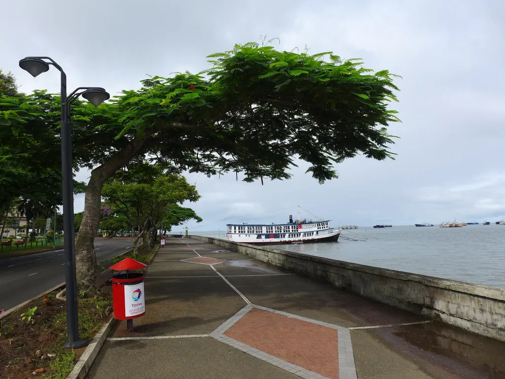 Waterfront promenade overlooking Suva Harbour in Fiji, with ships anchored offshore.