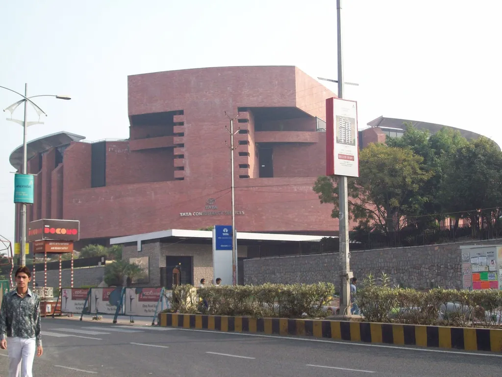 The red-brick Tata Consultancy Services office building at Madhapur, Hyderabad, with TCS signage on the facade