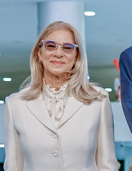 Cilia Flores in Brazil, May 2023, wearing a white suit and glasses