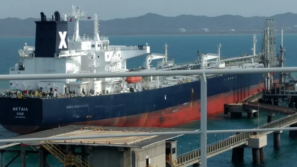 The VLCC oil tanker Aktaia moored at an oil terminal, viewed from the stern with loading arms alongside.