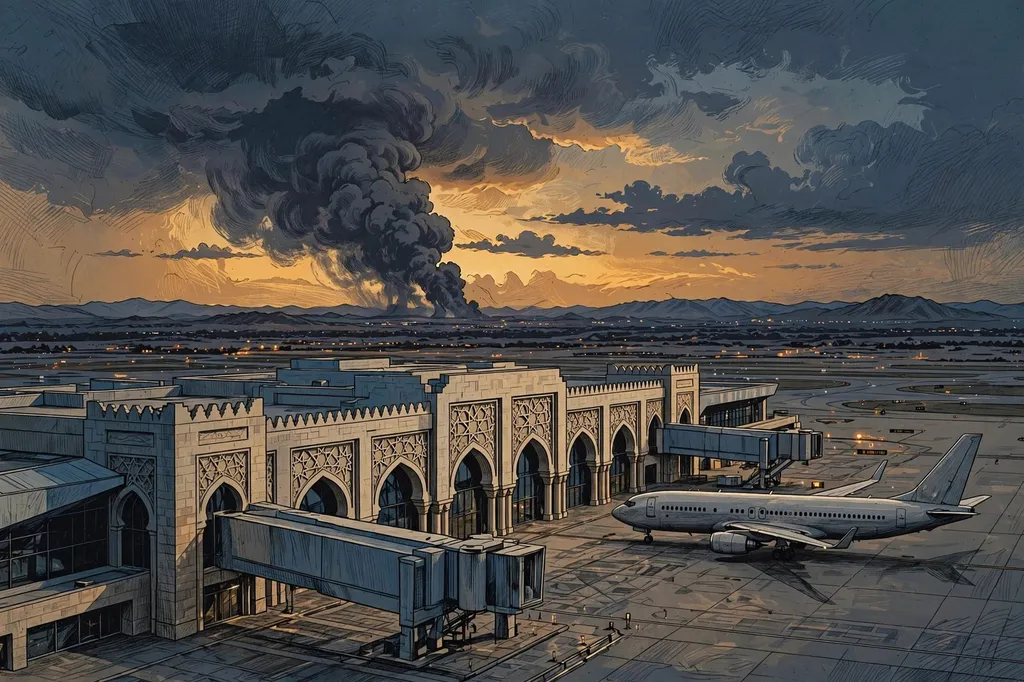 Editorial illustration of an international airport terminal at dusk with a passenger airliner on the tarmac and dark smoke rising on the horizon, illustrating the story on the Houthis' claimed missile strike on Riyadh's King Khalid International Airport.