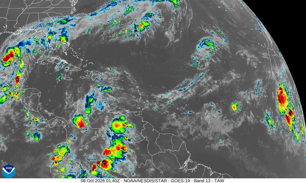 Infrared satellite view of Hurricane Isaias in the Gulf of Mexico at 1:40 a.m. UTC on 8 October 2026, shortly after it strengthened to the season's first hurricane; the storm's cloud mass sits over the western Gulf south of the Louisiana coastline