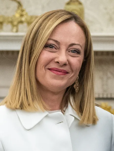 Portrait of Italian Prime Minister Giorgia Meloni at the White House in April 2025.